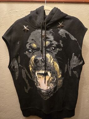 Rottweiler Graphic Hoodie Vest Black Studded Sleeveless Goth Streetwear Top M